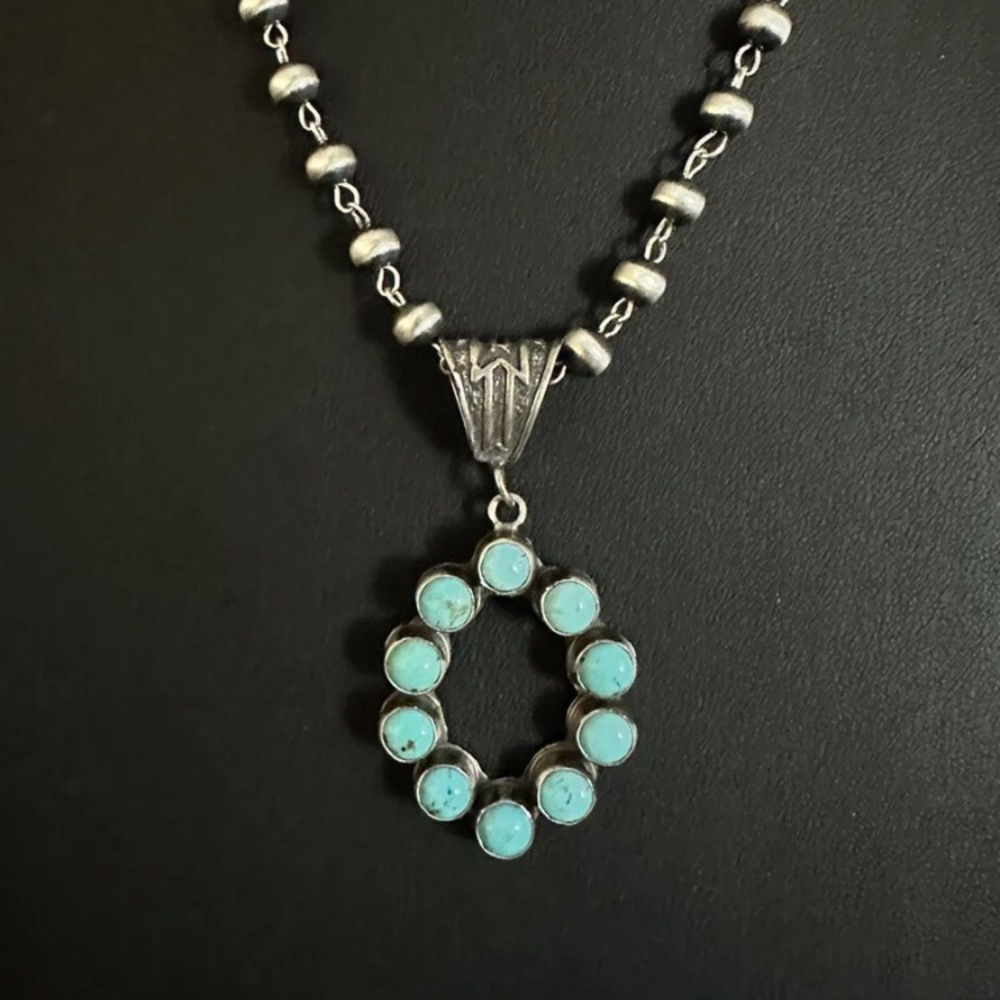 O Alphabet Navajo Sterling Silver Blue Turquoise Rosary Bead Necklace 20 inch KY